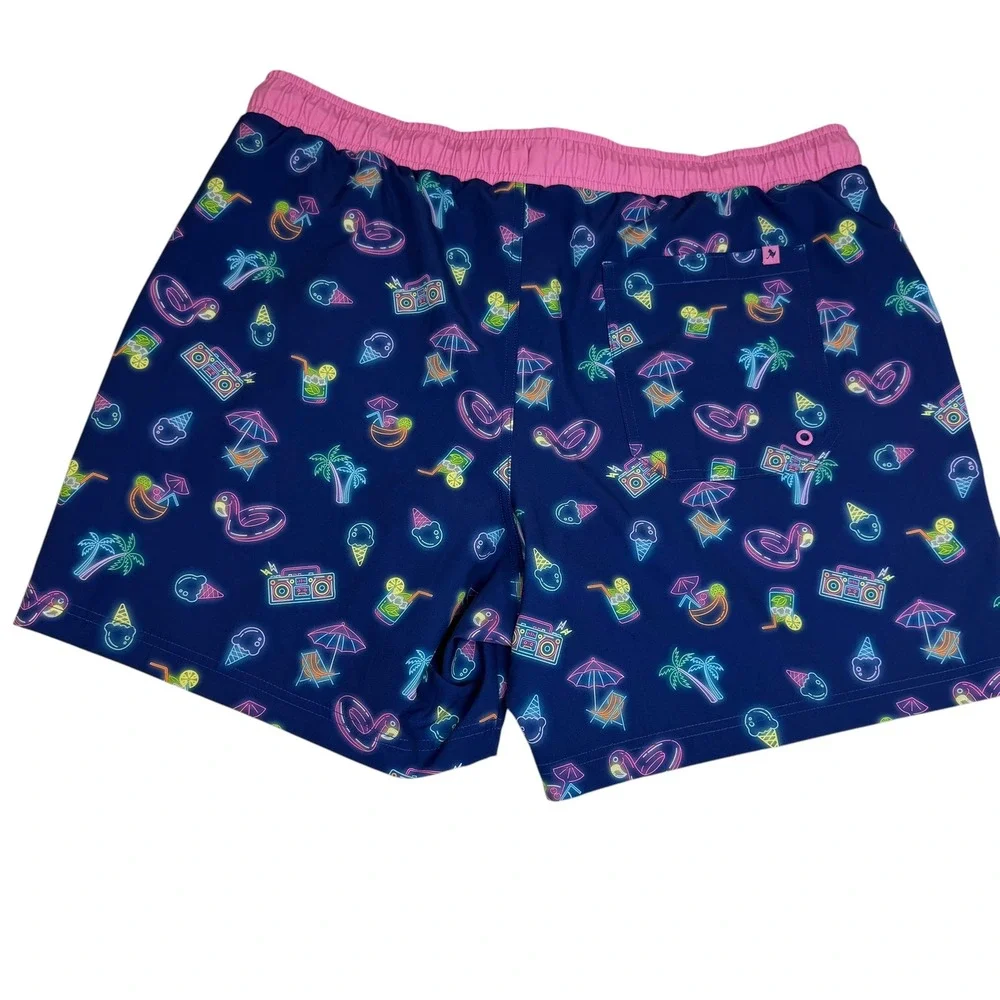 Birdie Bound Mens XL Neon Print Swim Trunks Navy Pink 6 Inch Inseam UPF 30+ NWT